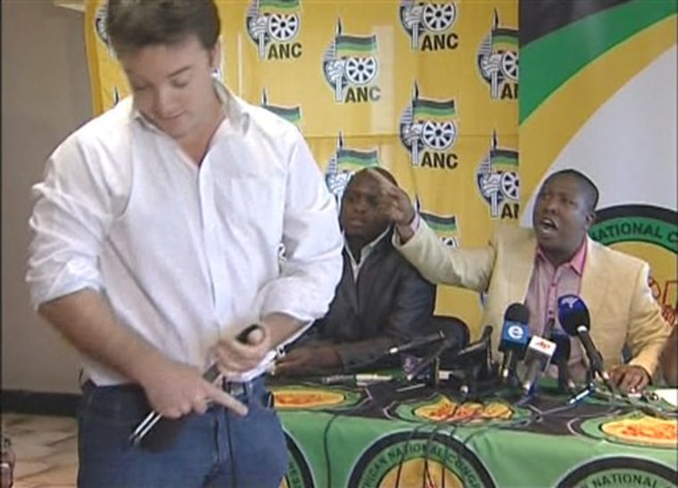 African National Congress Youth League leader Julius Malema points at BBC television journalist Jonah Fisher in this image taken from TV at a press conference in Johannesburg on Thursday.